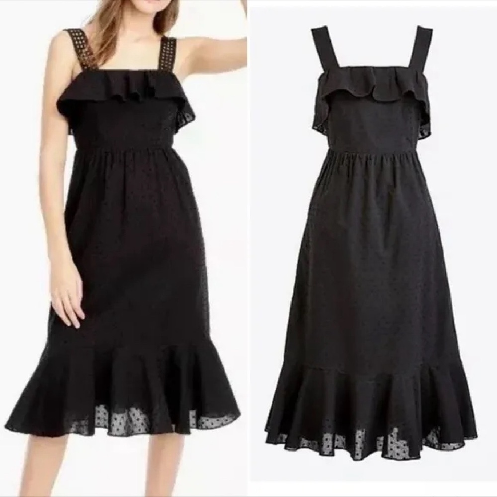 J.Crew Ruffle Eyelet Swiss Dot Midi Black Dress size 10 t